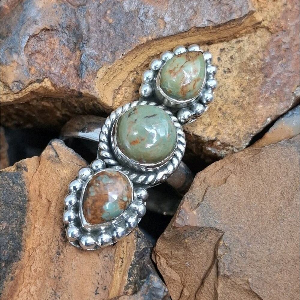 Sterling Silver Royston Turquoise Ring size 9 Dark Green 3 Stone Southwestern - Picture 3 of 10